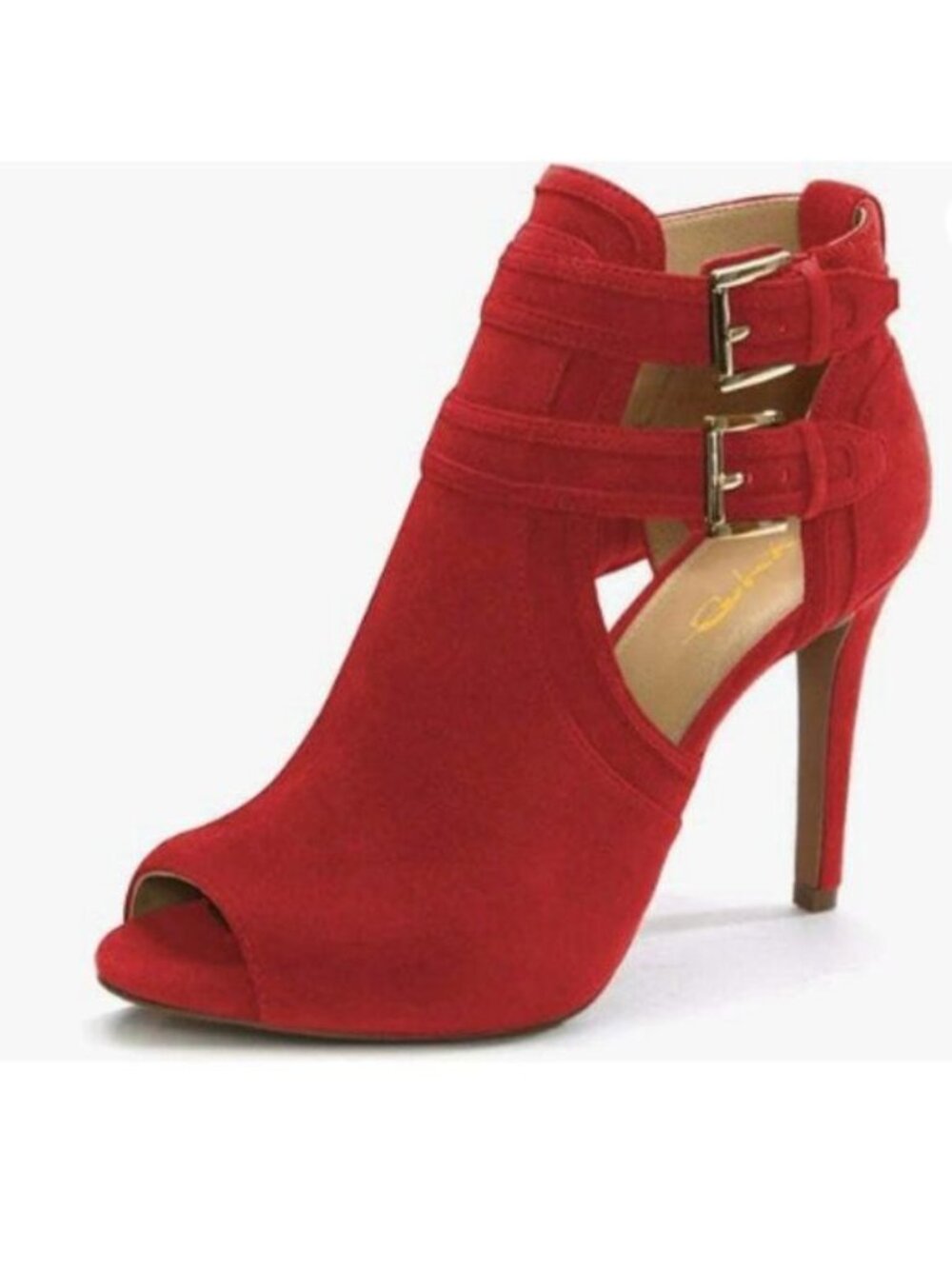 XYD Women Peep Toe Ankle Bootie High Heels Buckled Double Straps Cutout Red